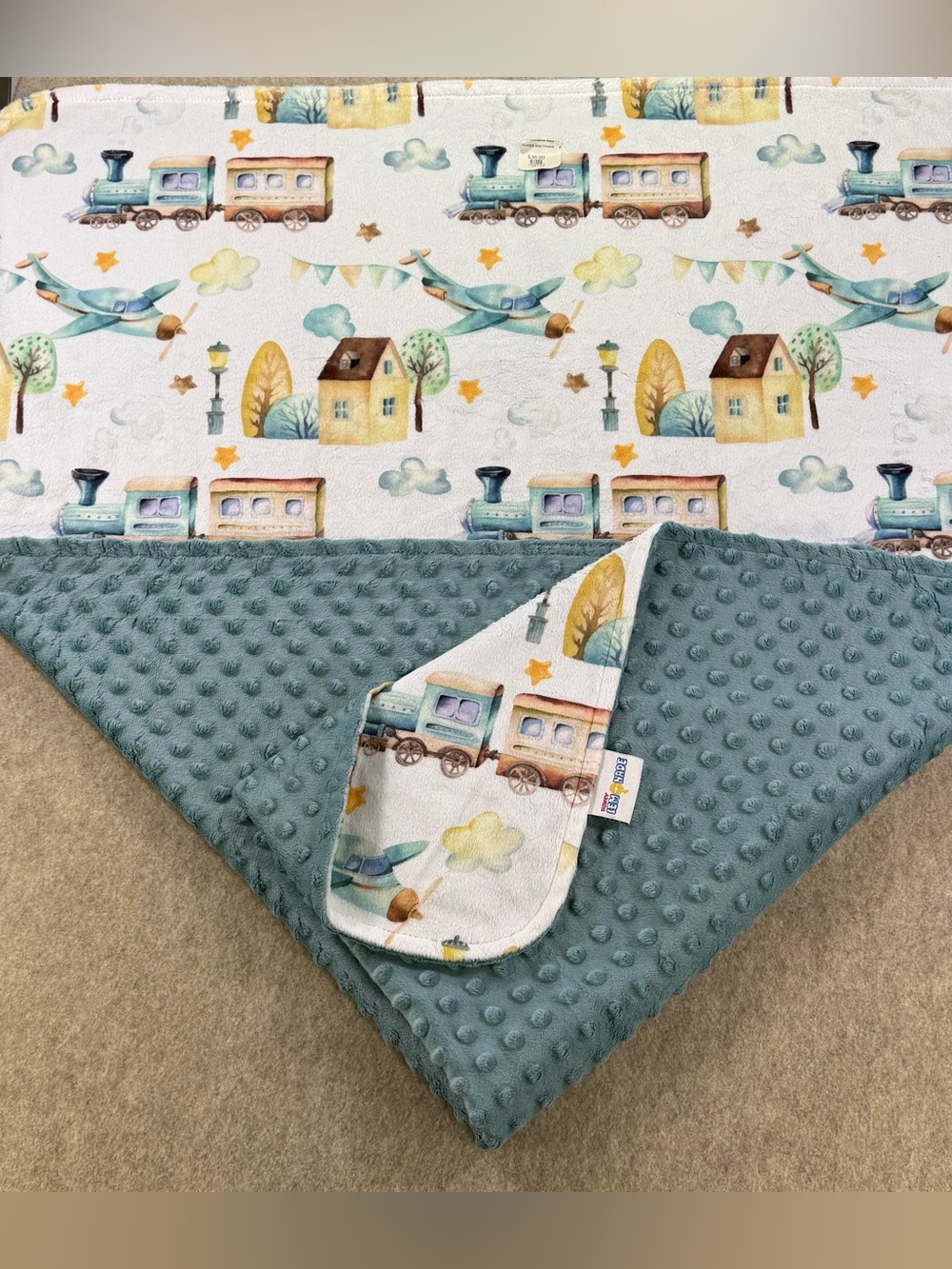 NWOT Honey Lemonade Soft Minky Baby Blanket in Teal and Pastel Trains/Planes